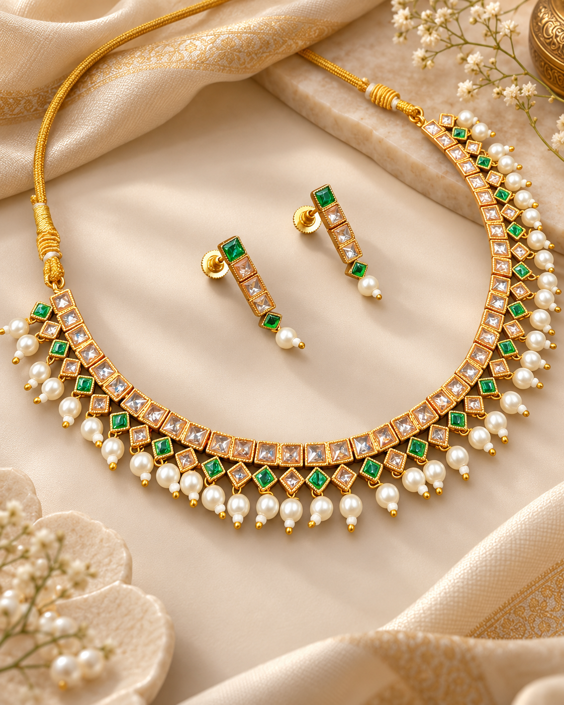 Emerald Green & Pearl Copper Choker Set